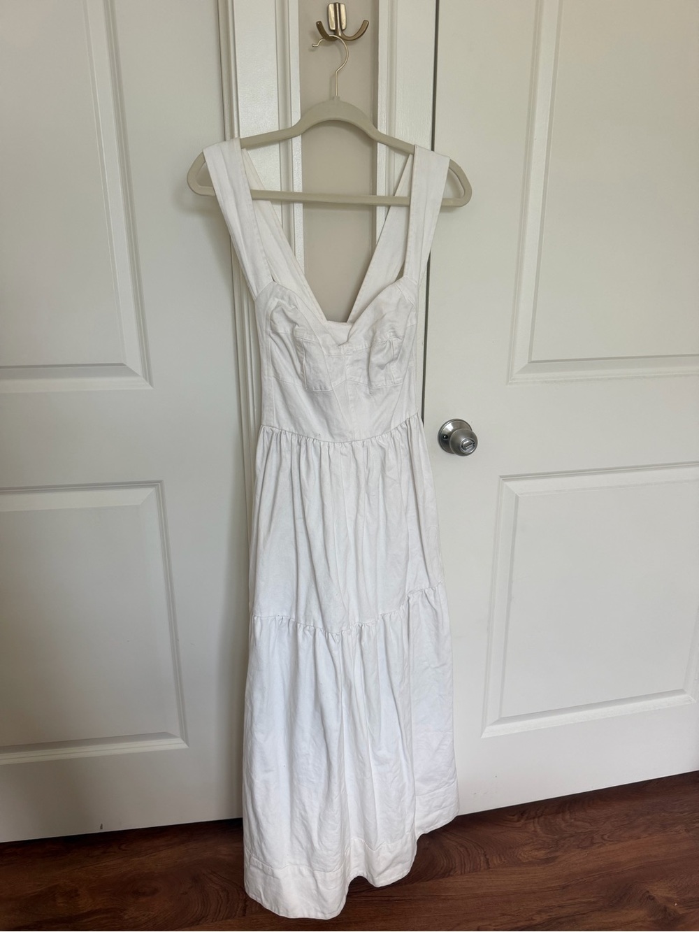 Anthropologie “Forever That Girl” Cream Denim Sweetheart-Neck Tiered Midi Dress - Picture 2 of 4